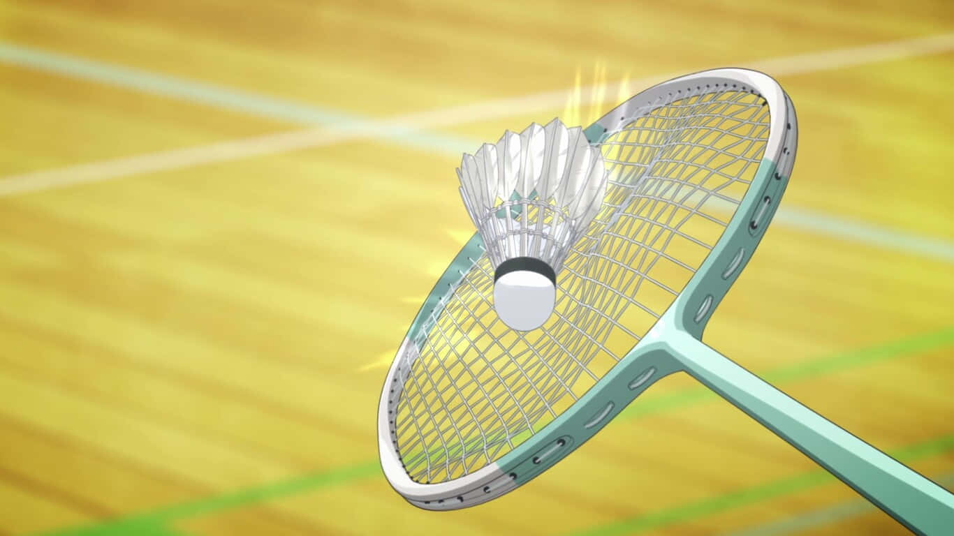 1366x768 Badminton 桌布 壁紙 — 一個白色羽毛球擊中一個淺綠色羽毛球拍，在木製球場上帶有發光的能量火花。
