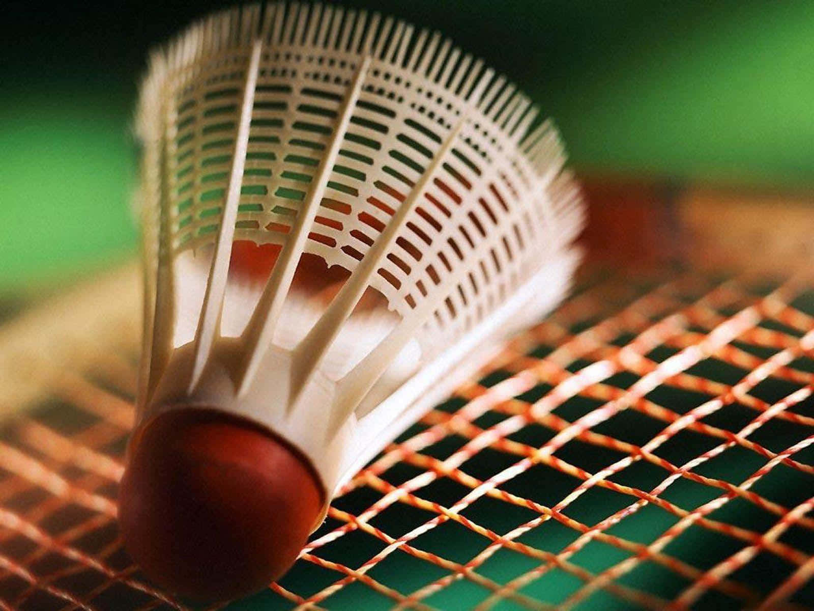 Best Badminton 桌布 壁紙 — 一個白色羽毛球的特寫，紅色底座放在有紋理的橙色網上，背景是模糊的綠色。