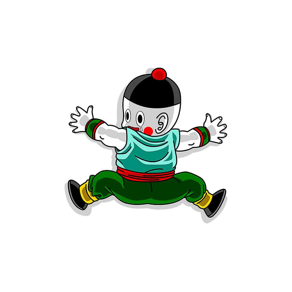 Chiaotzu 桌布 壁紙 — 一個白色臉、紅鼻子、戴黑色帽子的卡通人物，盤腿而坐，雙臂伸展，背景為純白色。