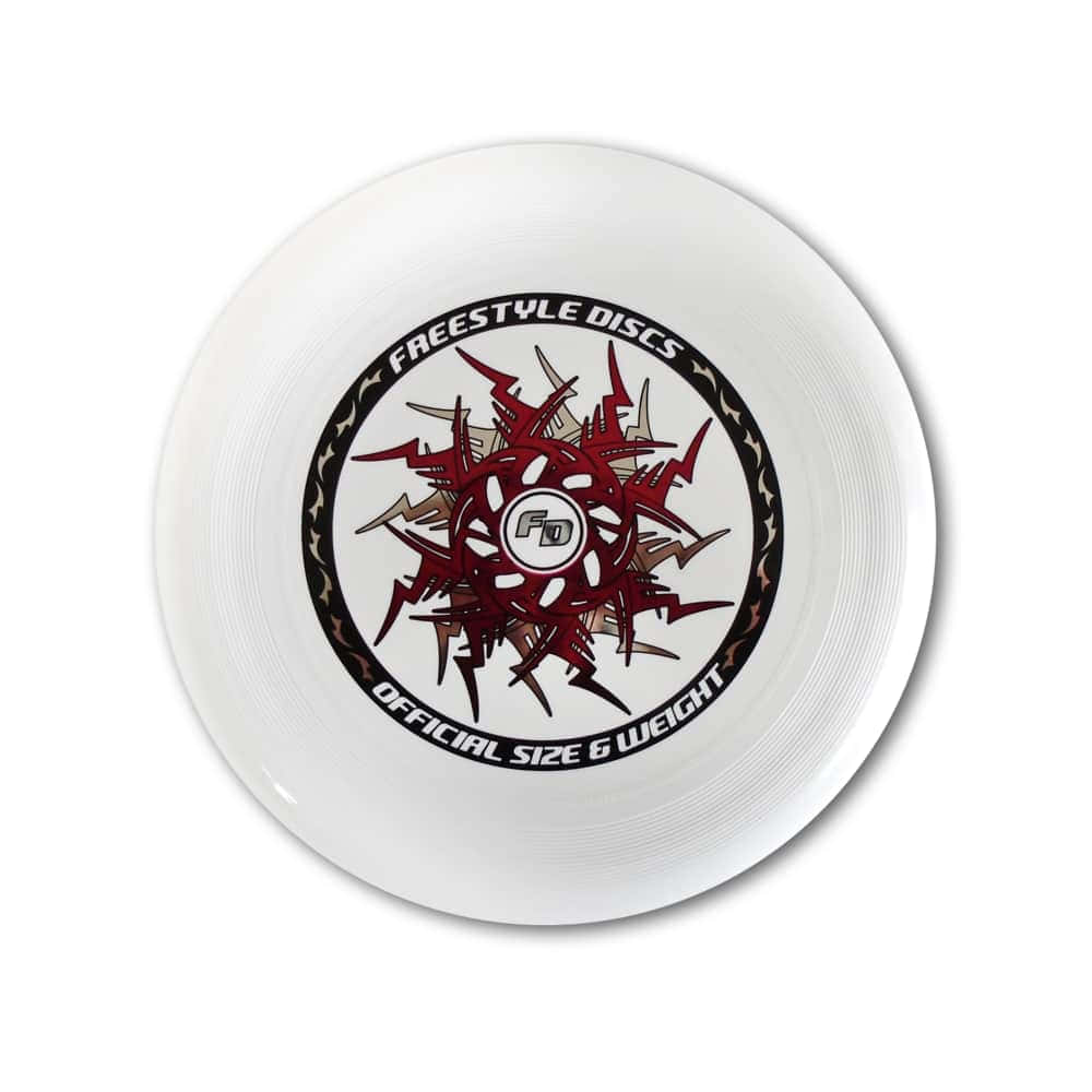 Disc Golf 桌布 壁紙 — 一個白色自由式飛盤，表面中央有一個大膽的紅黑圖形標誌。