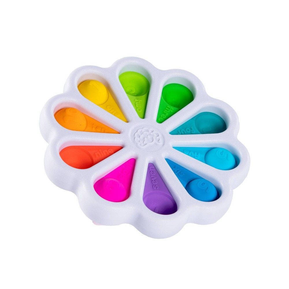 Fidget Toys 桌布 壁紙 — 一個白色花朵形狀的玩具，有八個彩色編號矽膠按鈕，排列成彩虹圖案。