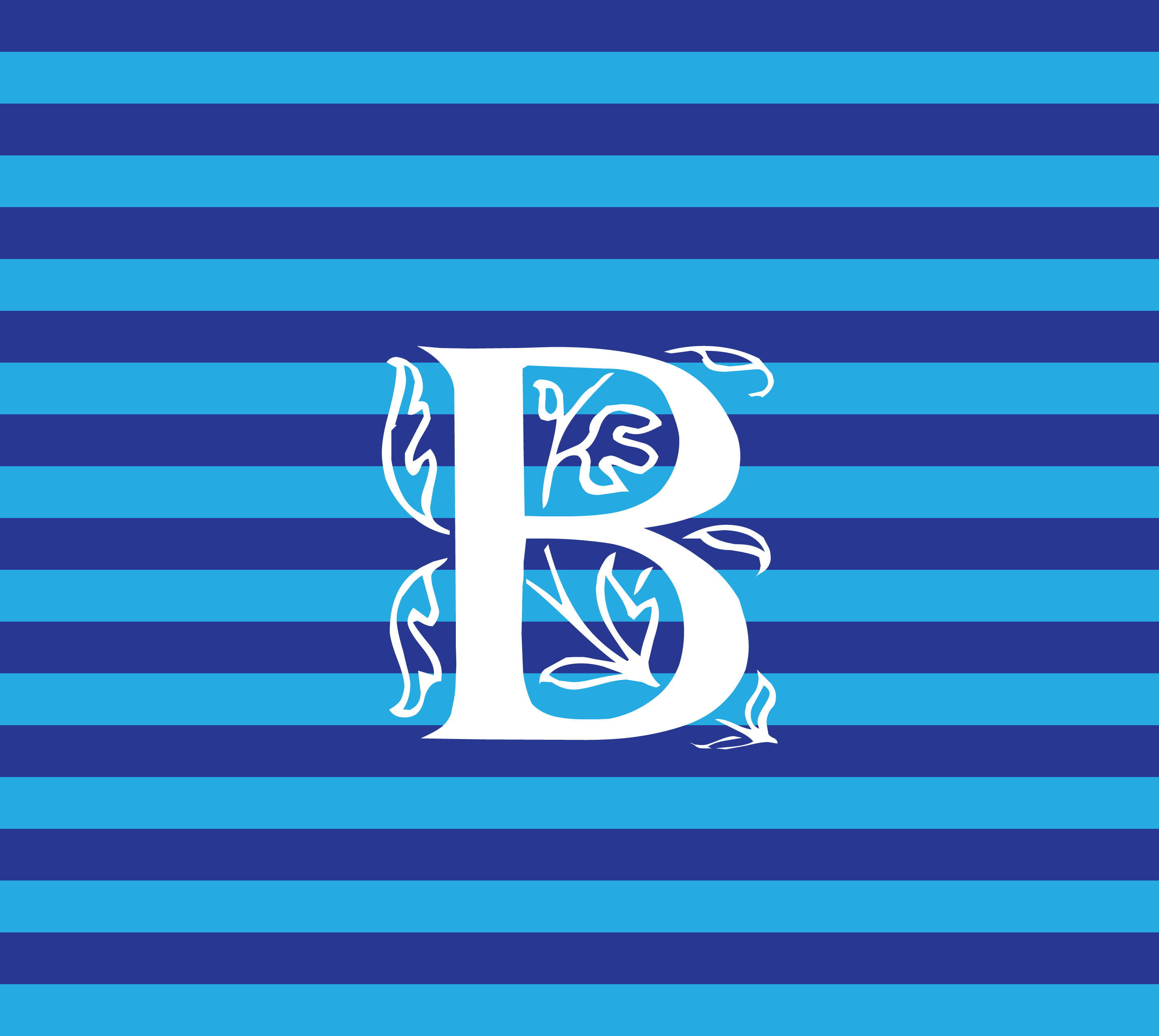字母B 桌布 壁紙 — 一個白色華麗字母B，帶有葉狀花飾，居中於交替的藍色和藍綠色水平條紋上。