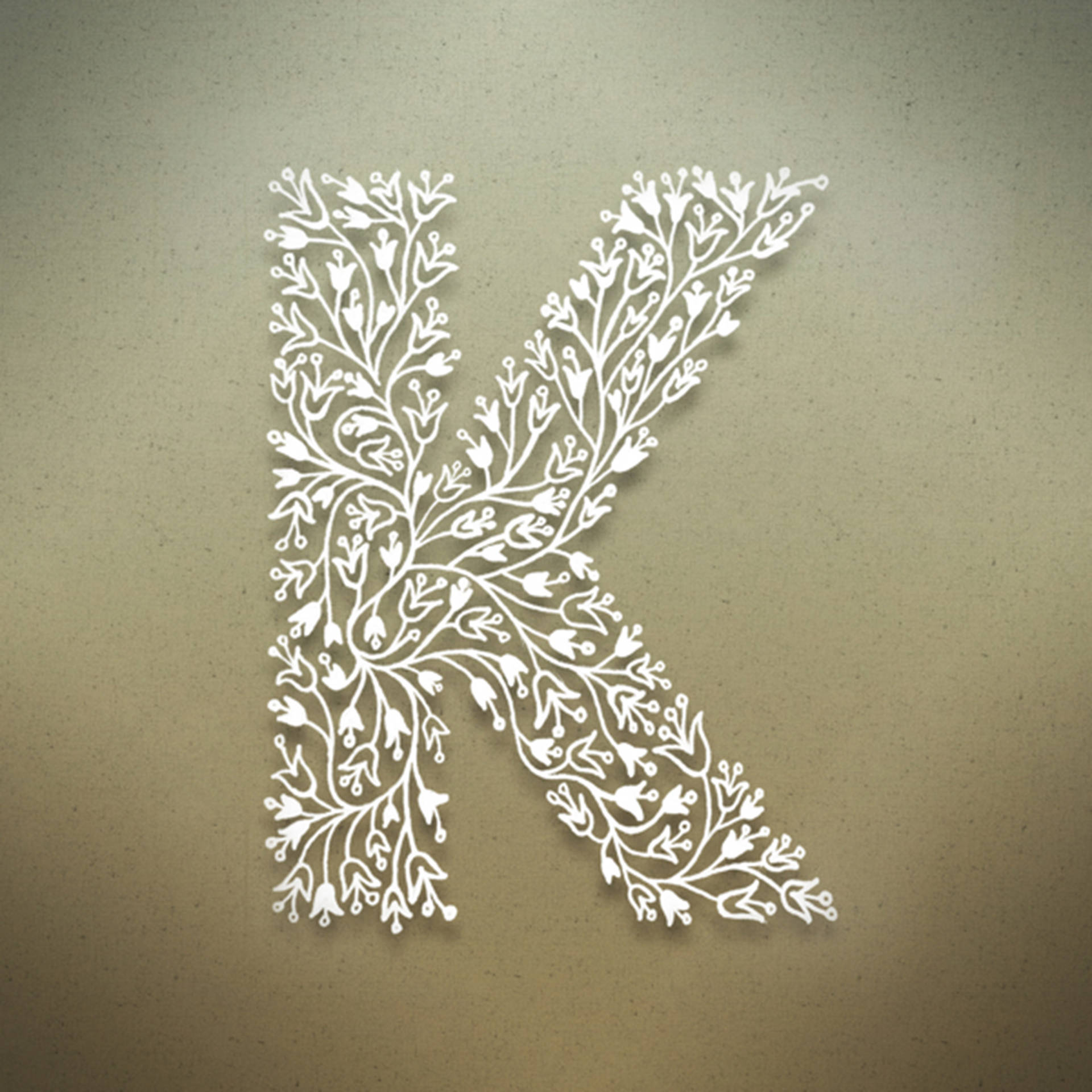裝飾性白色花卉字母K，置於紋理米色背景上。 — 字母K動圖 壁紙
