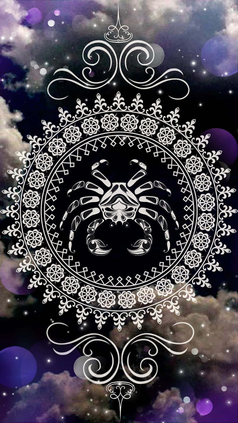 白色巨蟹座曼陀羅，背景是星光閃爍的紫色宇宙。 — 曼陀羅 GIF 壁紙