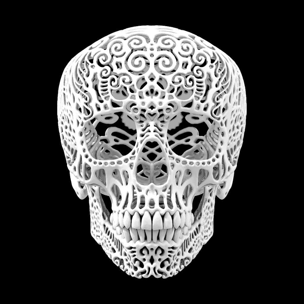 3d Skull 桌布 壁紙 — 一個白色華麗的頭骨，帶有精緻的鏤空花紋，置於純黑背景上。