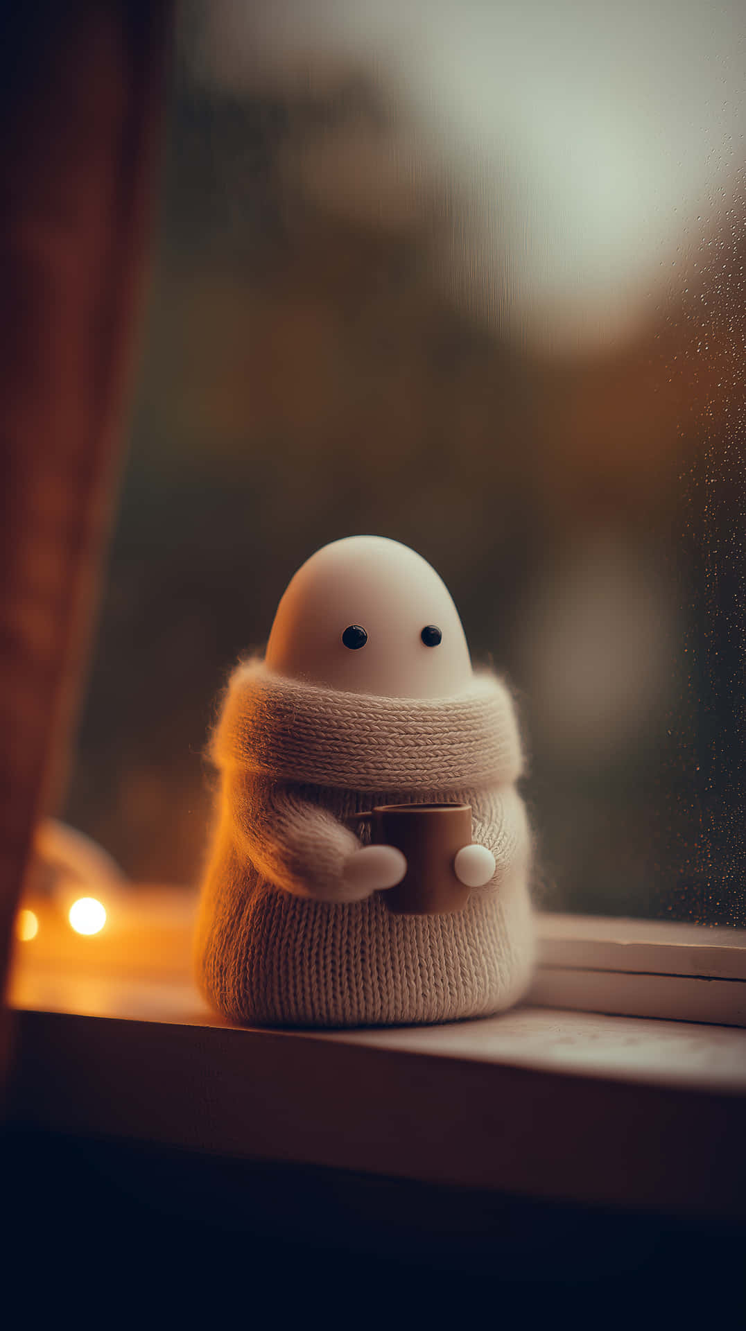 Cozy Ghost with Warm Scarf Holding Mug by Window 壁紙 — 一個白色蛋形小玩偶裹著米色針織圍巾，在窗台上拿著一個馬克杯，背景中溫暖的燈光柔和地閃爍。