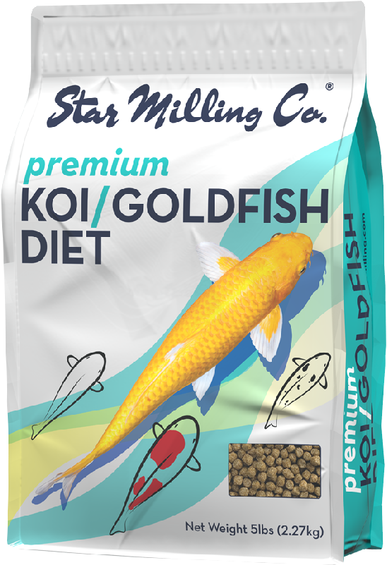 金魚 桌布 壁紙 — 一個白色袋裝 Star Milling Co 優質錦鯉金魚飼料，上面有一條大黃色錦鯉和較小的輪廓魚，背景是藍綠色和黃色的波浪設計。
