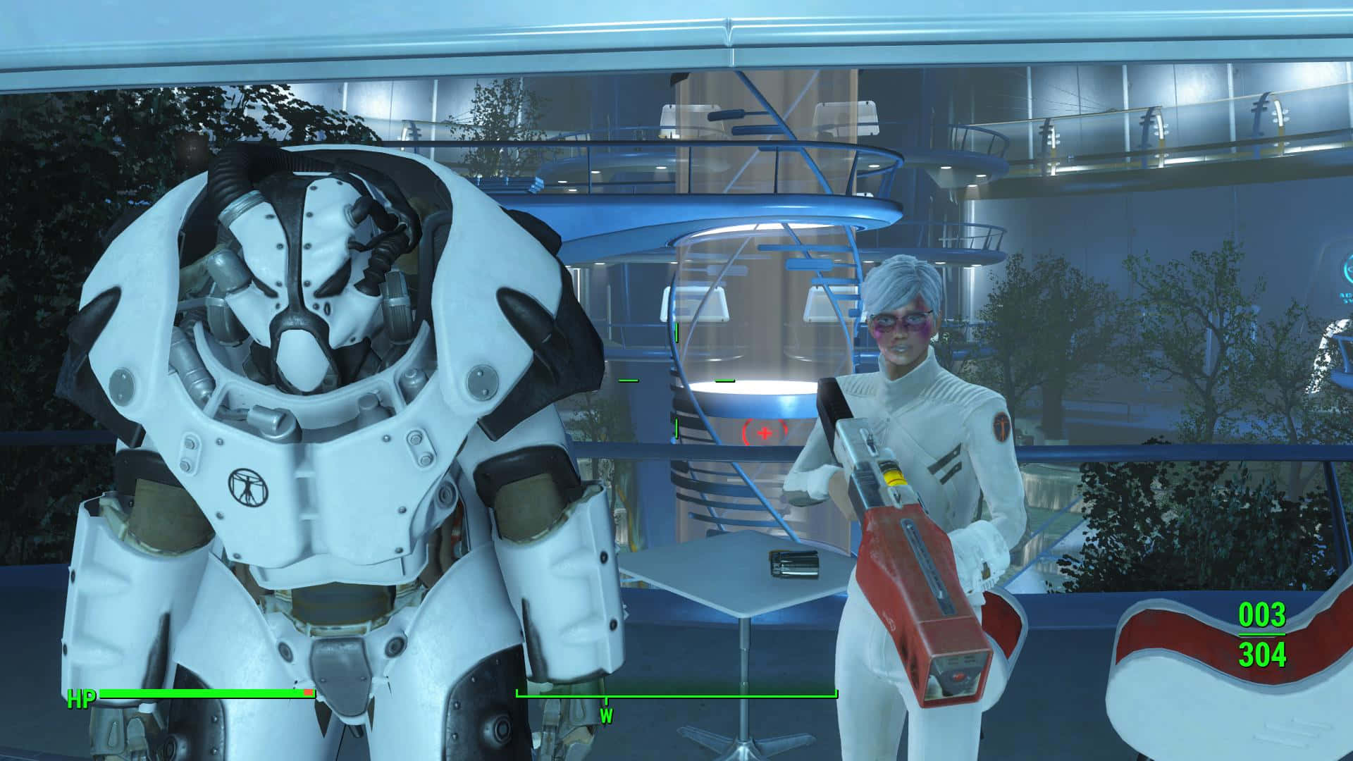 Fallout 4 Institute 桌布 壁紙 — 一個白色裝甲機器人和一個身穿白色西裝的人夜晚站在未來風格的玻璃建築內。