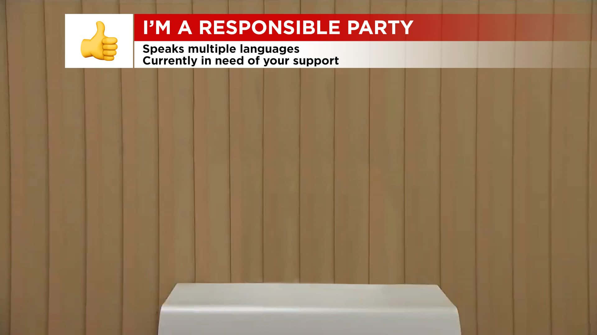 party time 桌布 壁紙 — 一個白色講台位於木鑲板牆前，紅色橫幅上寫著「我是負責任的派對」，並列出語言技能和支援需求。