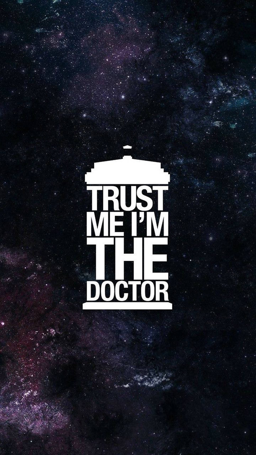 白色警亭剪影，帶有文字 Trust Me I'm The Doctor，背景是星空太空。 — 醫生 GIF 壁紙
