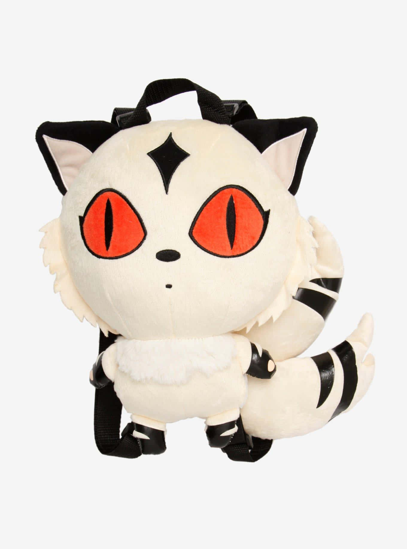 Inuyasha Nekomata 桌布 壁紙 — 一個白色貓形毛絨背包，帶有黑色斑紋和引人注目的橙色眼睛。