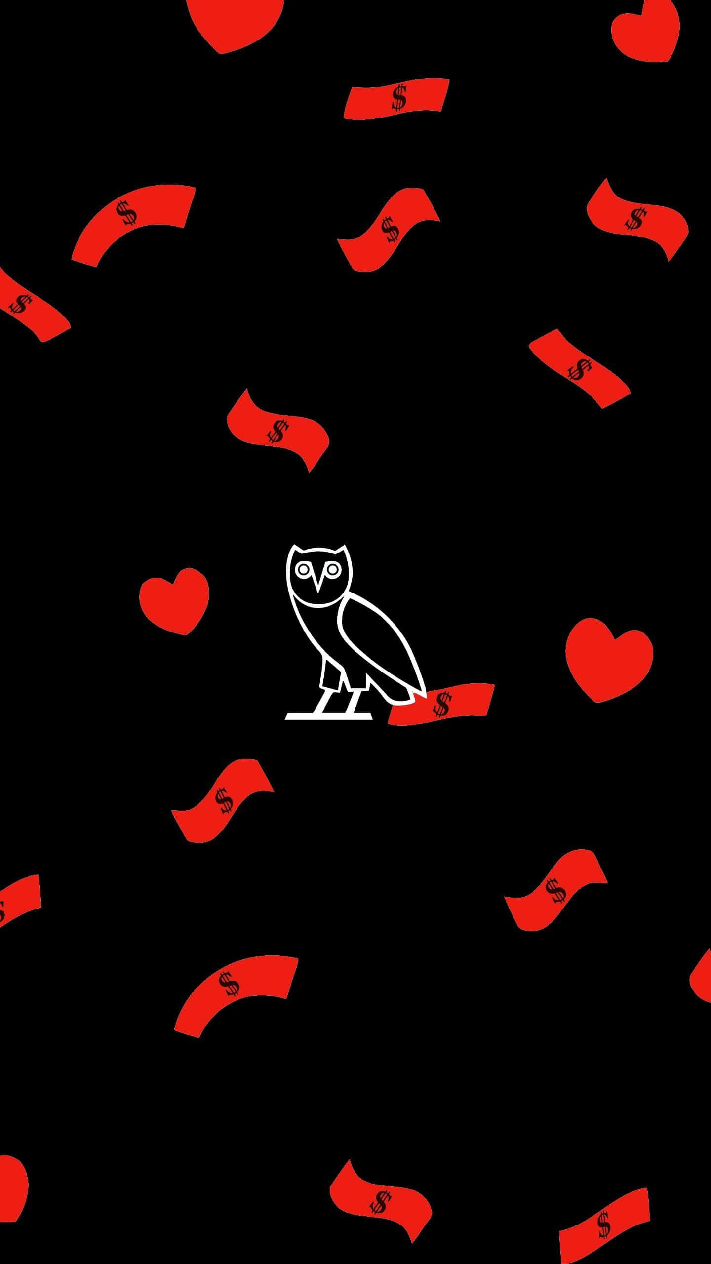Drake Ovo Owl iPhone 桌布 壁紙 — 一個白色貓頭鷹標誌居中，周圍散落著紅色美元鈔票和心形圖案，背景為黑色。
