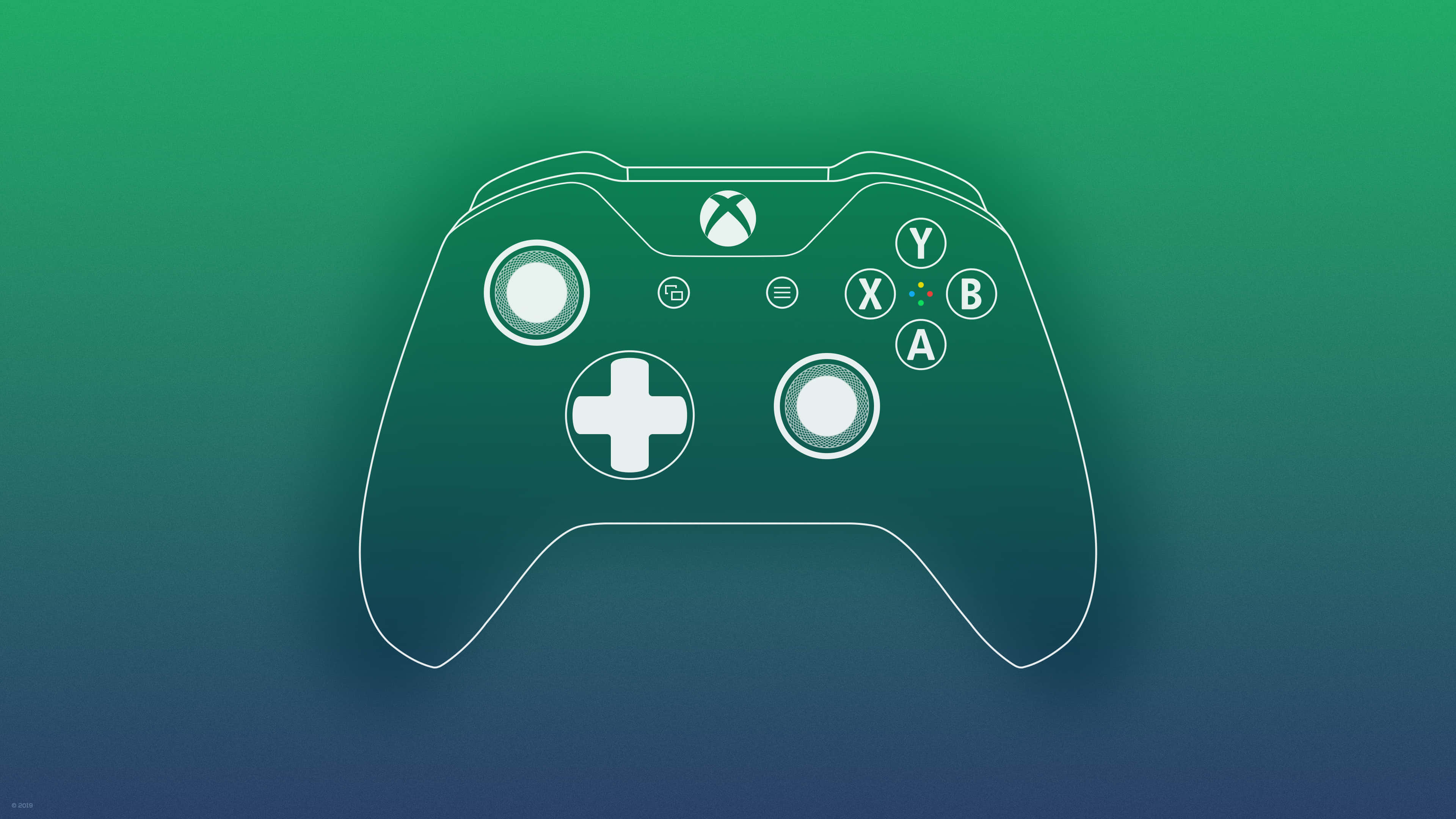Xbox 桌布 壁紙 — 一個白色輪廓的Xbox手把漂浮在綠色和藍色的漸變背景上。
