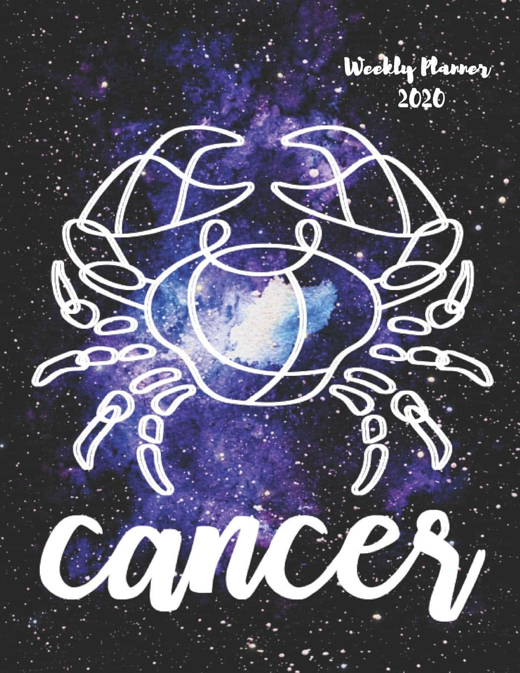 巨蟹座 桌布 壁紙 — 一個白色輪廓的巨蟹座符號，置於充滿星光的鮮豔紫色和藍色宇宙星雲背景上。
