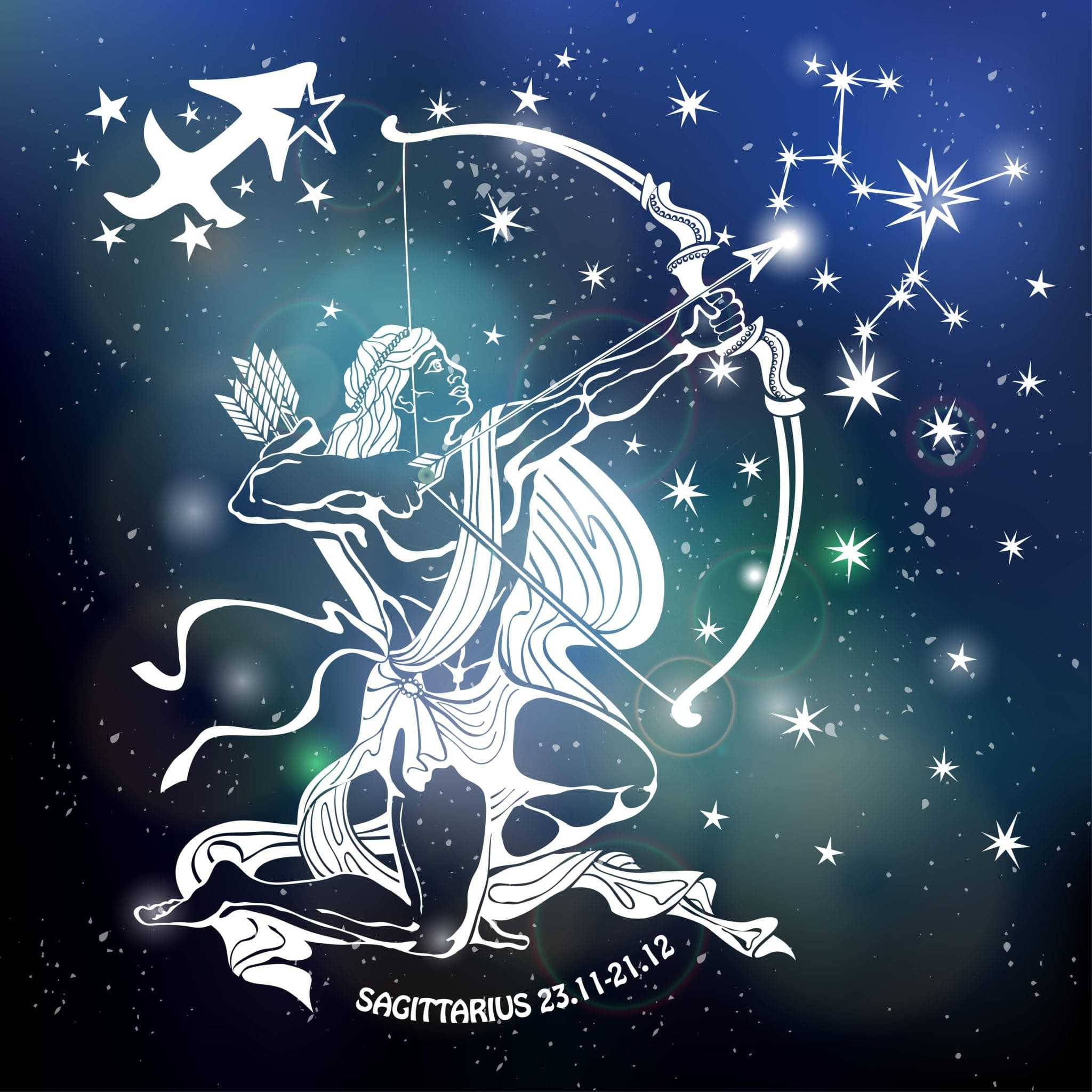 星座運勢 桌布 壁紙 — 一個白色輪廓的弓箭手穿著飄逸長袍，瞄準一個有閃爍星星和人馬座星座的星空夜空。