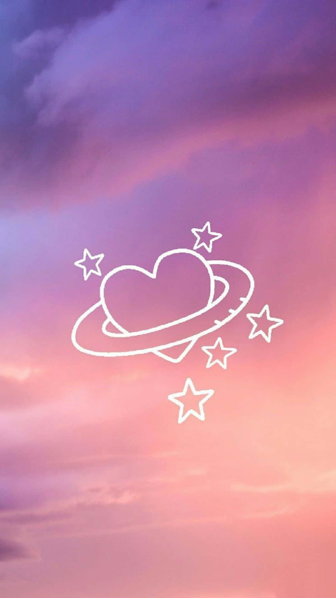 桌布 壁紙 — 一個白色輪廓的心形行星，帶有光環和星星，漂浮在夢幻的粉紫色日落天空上。