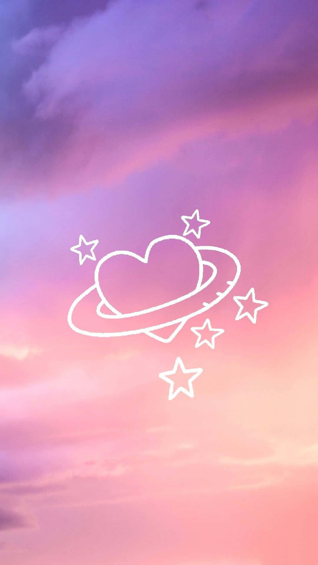 美學 桌布 壁紙 — 一個白色輪廓的心形行星，帶有光環和星星，漂浮在柔和的粉紅色和紫色暮色天空中。