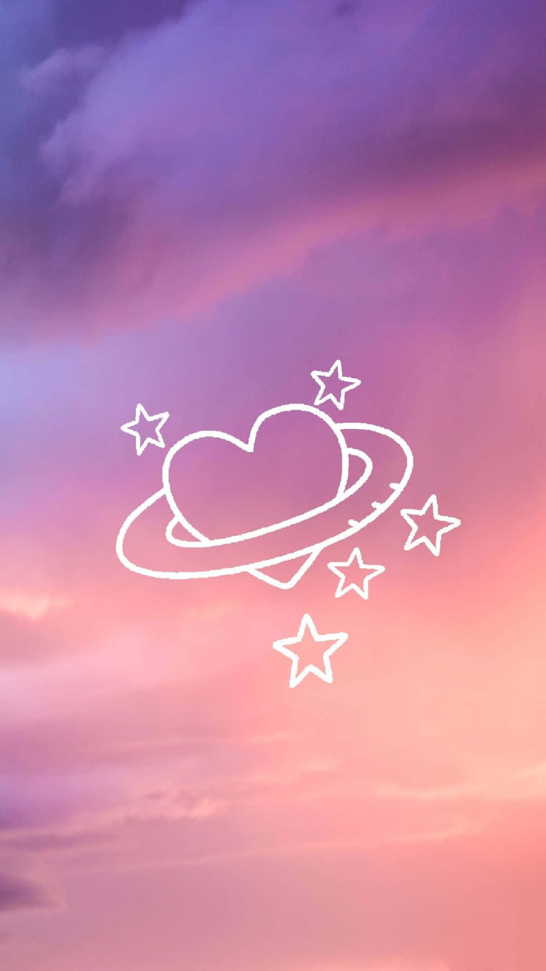 Beautiful Girly 桌布 壁紙 — 一個白色輪廓的心形行星，帶有環和星星，漂浮在夢幻的粉紅色和紫色暮色天空中。