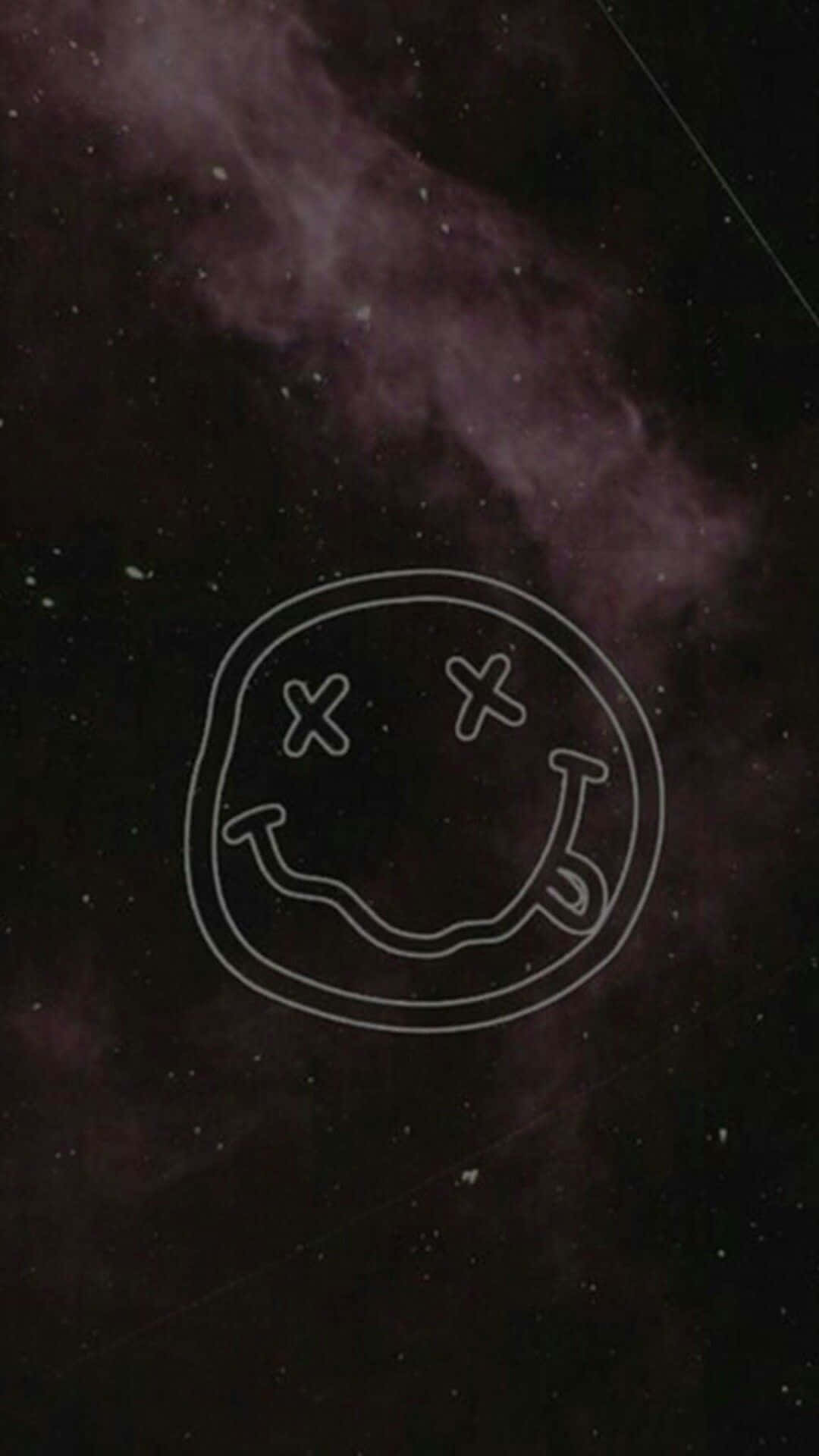 iPhone 桌布 壁紙 — 一個白色輪廓的笑臉，帶有X形眼睛，漂浮在充滿星星的深紫色星雲前。
