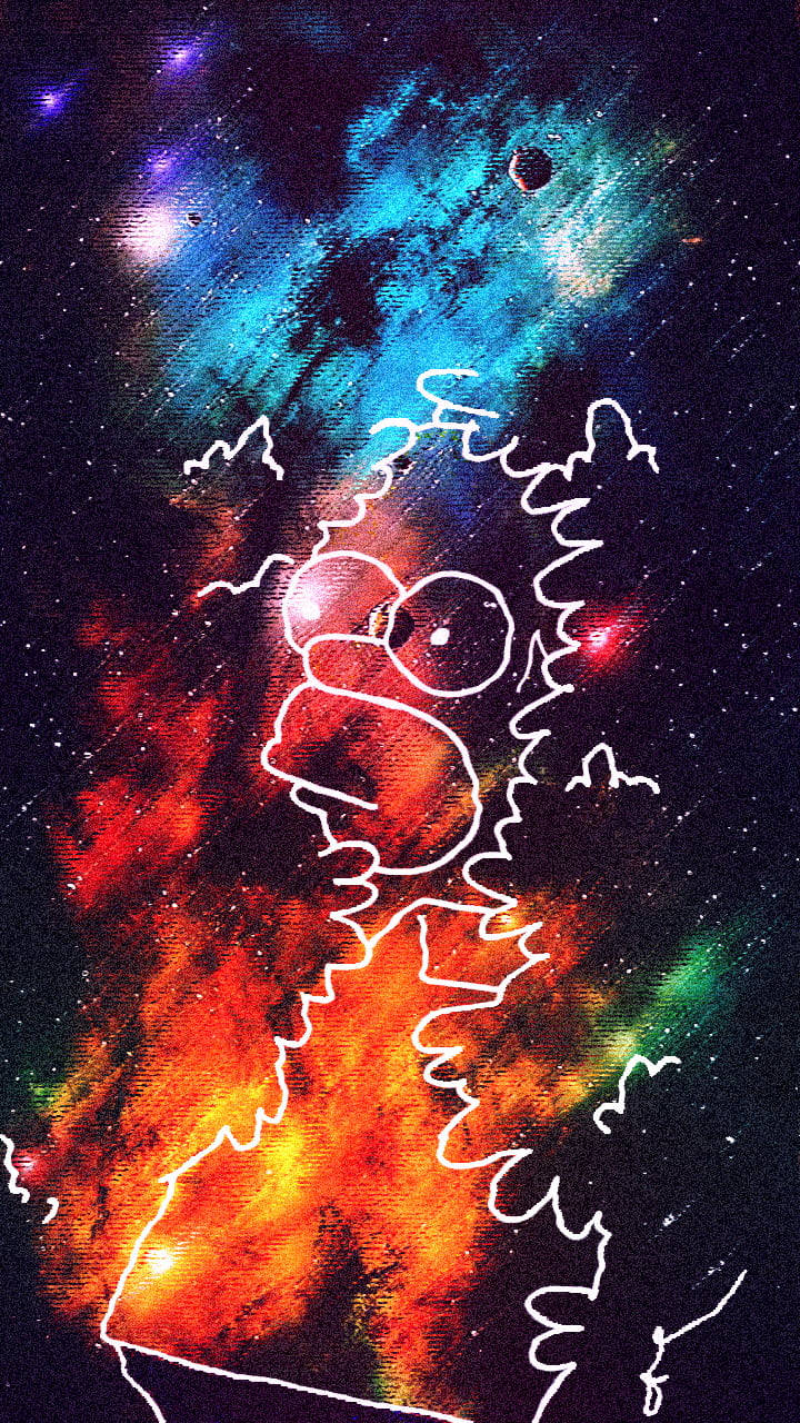 Homer Simpson 桌布 壁紙 — 一個白色輪廓的荷馬·辛普森剪影從充滿星星和旋轉星系的生動宇宙星雲中浮現。