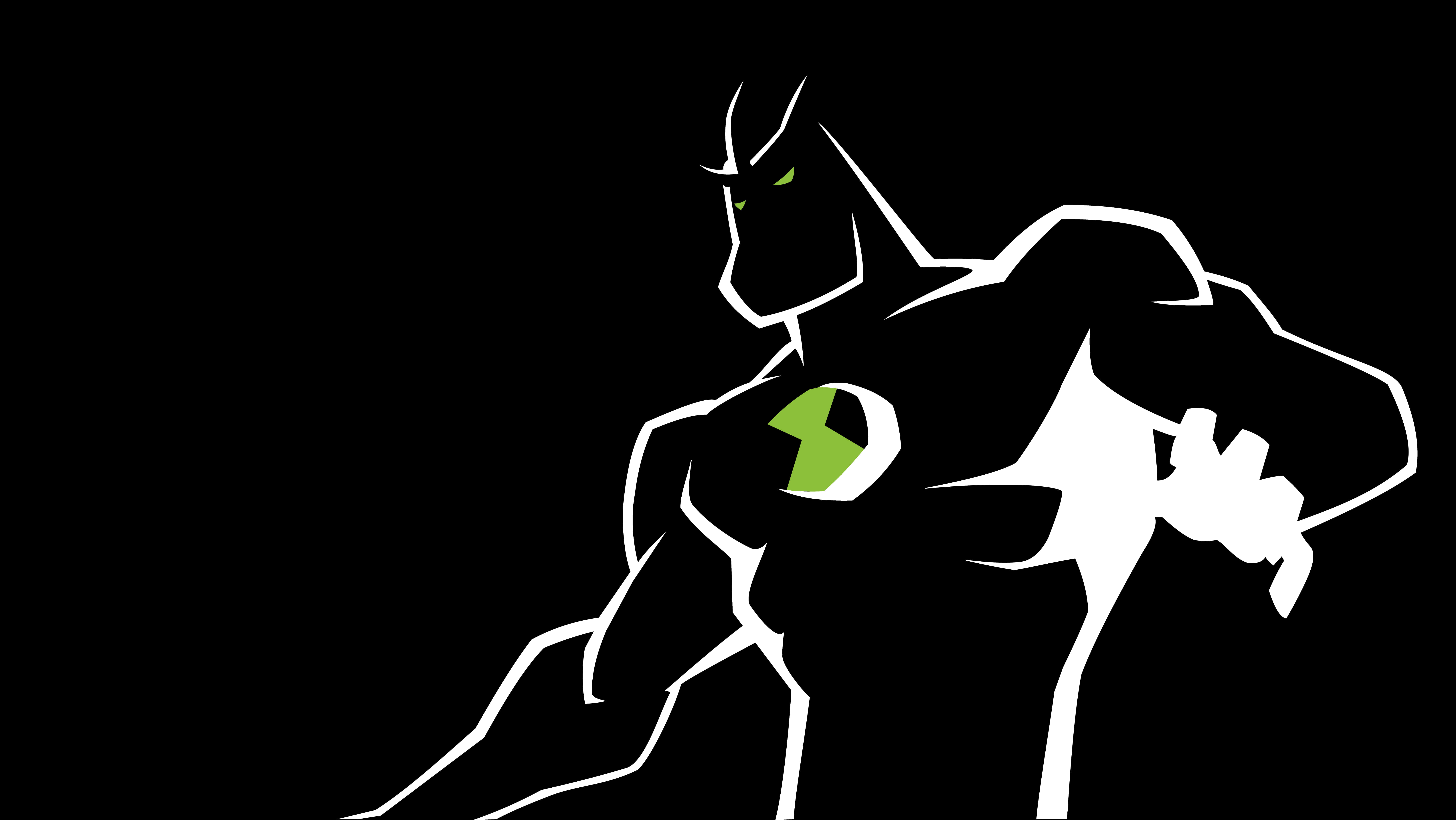 Ben 10 桌布 壁紙 — 一個白色輪廓的超級英雄，擁有發光的綠色眼睛和胸前標誌，在黑色背景上動態站立。