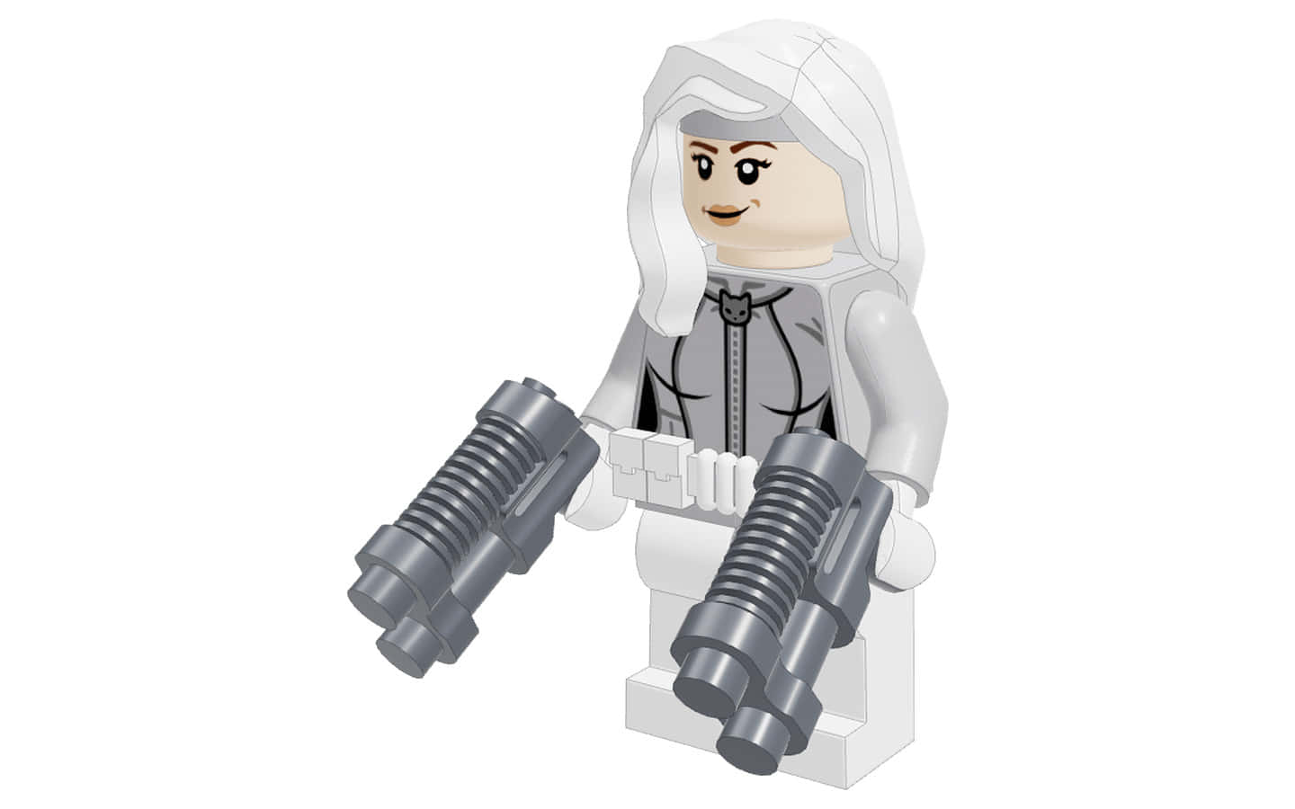 Silver Sable 桌布 壁紙 — 一個白色連帽灰色細節的LEGO迷你人偶，在純白色背景上手持兩把銀色爆能槍。