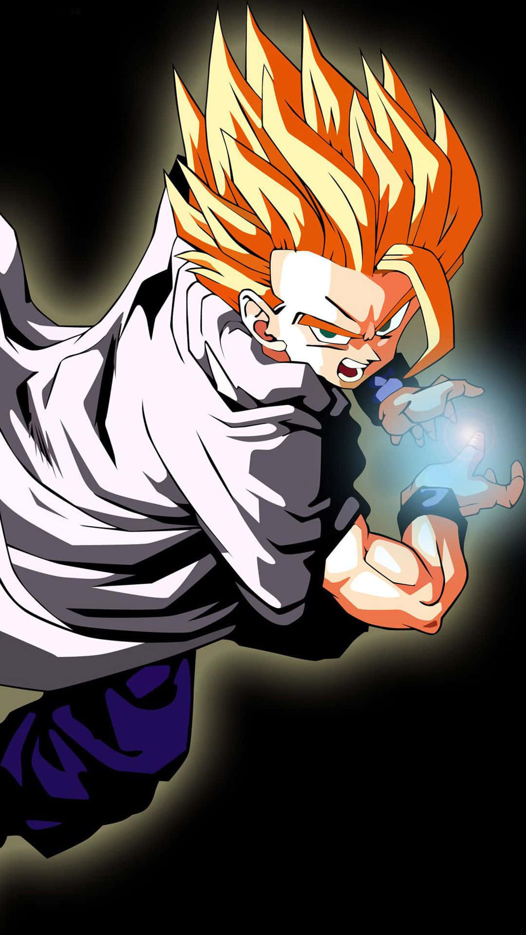 Dragon Ball Z Phone 桌布 壁紙 — 一個白色道服、刺蝟頭髮的動漫戰士，在黑暗背景下釋放出發光的藍色能量衝擊波。
