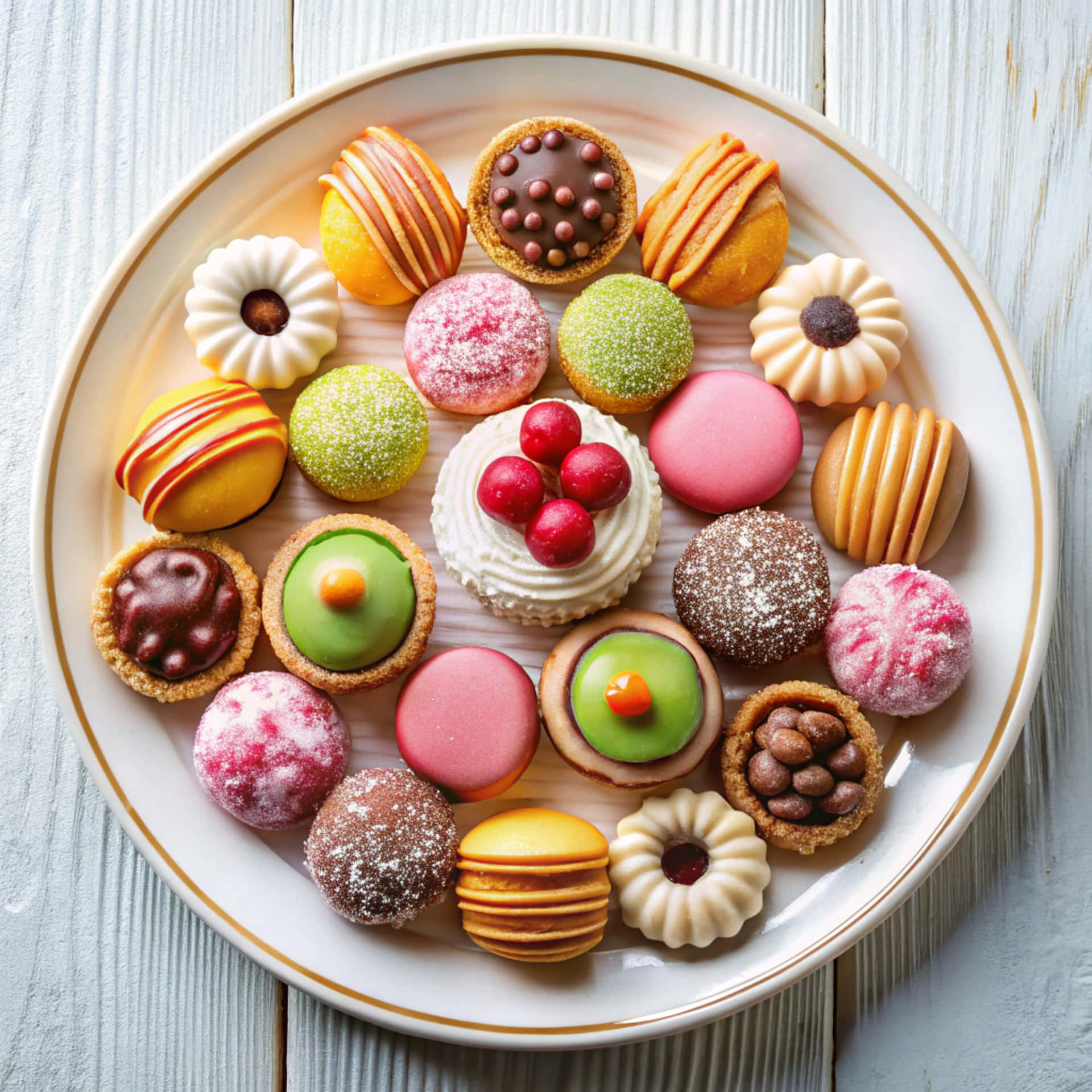 Top view of delicious desserts on the plate 壁紙 — 一個白色金邊的盤子上放著各種色彩繽紛的糕點，包括馬卡龍和塔，放在淺色木質表面上。