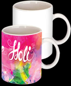 Holi 桌布 壁紙 — 一個白色陶瓷杯，帶有充滿活力的粉紅色和彩虹潑濺設計以及草書 'Holi' 文字，站在另一個純白色杯前面，背景為黑色。