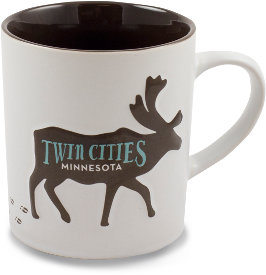 剪貼畫 桌布 壁紙 — 一個白色陶瓷杯，帶有棕色駝鹿剪影和 Twin Cities Minnesota 文字。