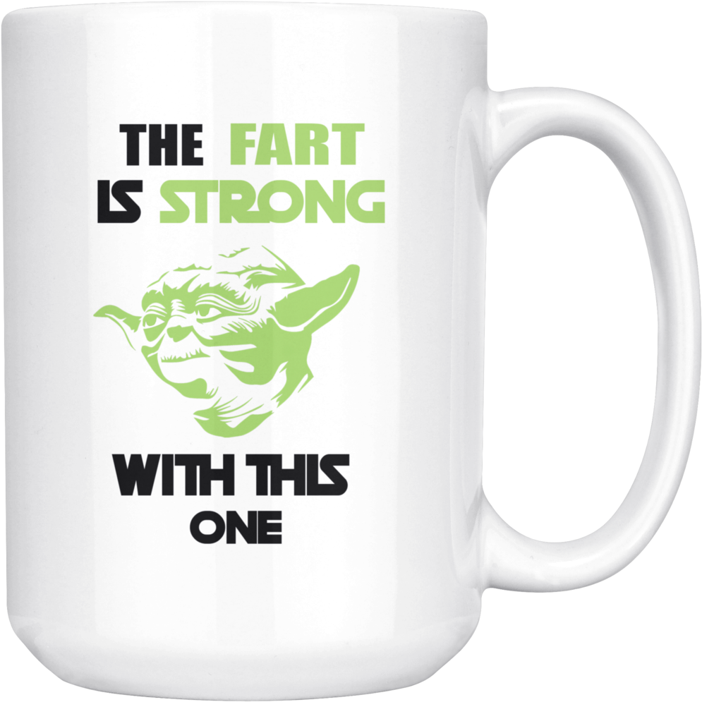 Fart 桌布 壁紙 — 一個白色陶瓷杯上，黑色背景襯托著綠色尤達剪影和粗體文字「THE FART IS STRONG WITH THIS ONE」。