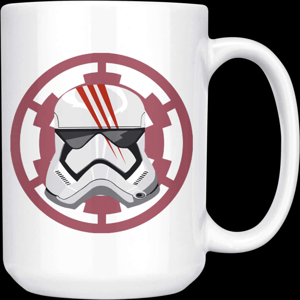Star Wars Art 桌布 壁紙 — 一個白色陶瓷杯上有一個風格化的風暴兵頭盔，帶有紅色斜線，位於栗色帝國標誌內。