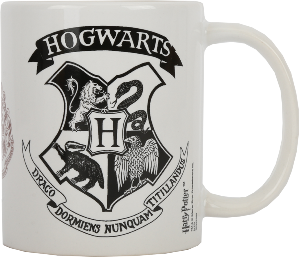 Hogwarts Crest 桌布 壁紙 — 一個白色陶瓷杯在純色背景上展示黑色霍格華茲校徽，包含四個學院的標誌和格言。