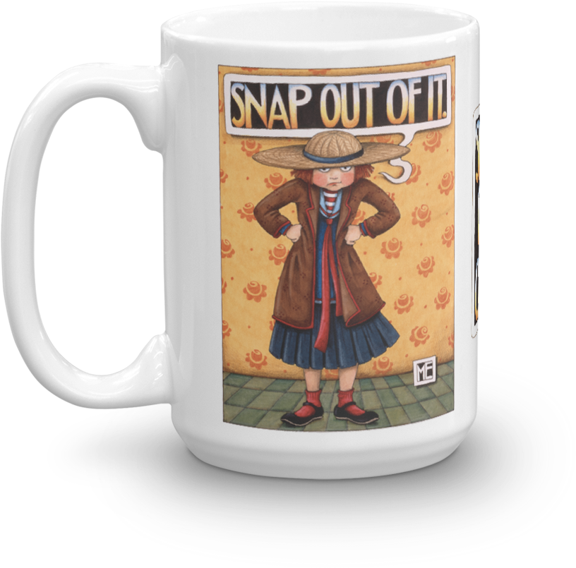 Snapchat 桌布 壁紙 — 一個白色陶瓷杯展示一個戴帽子和外套的插圖女孩，上方有文字「SNAP OUT OF IT!」。