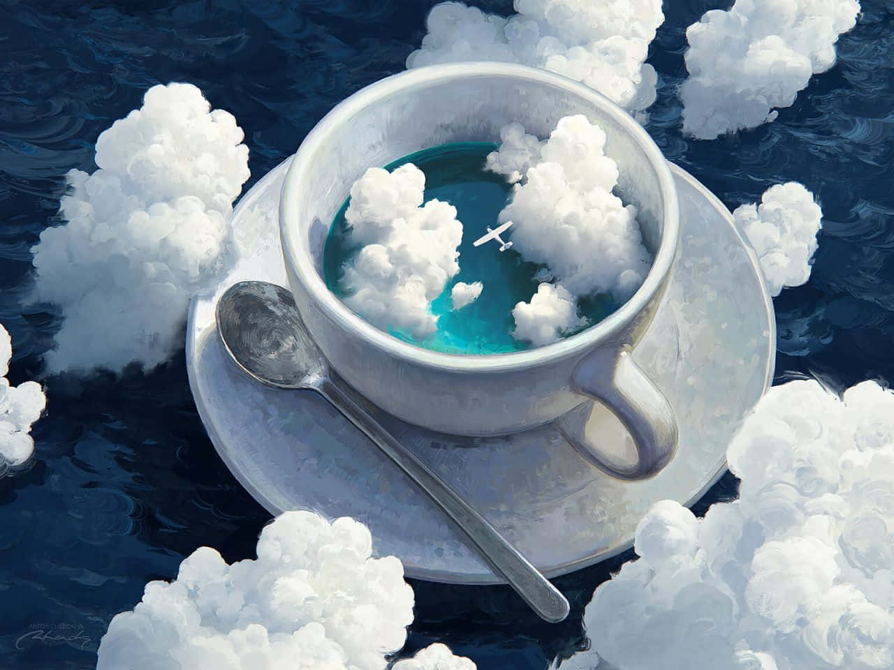 1280x960 桌布 壁紙 — 一個白色陶瓷杯漂浮在深藍色水上，周圍環繞著蓬鬆的雲朵，裡面有一架小飛機在藍綠色液體上方飛行。