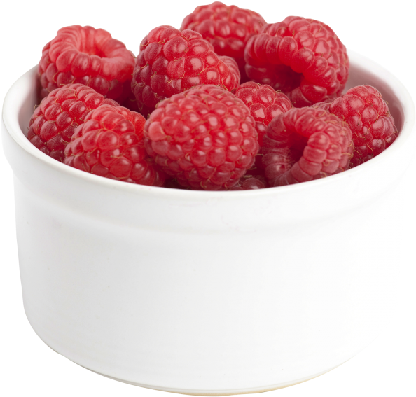 Raspberries 桌布 壁紙 — 一個白色陶瓷碗，盛滿飽滿多汁的紅覆盆子，背景透明。