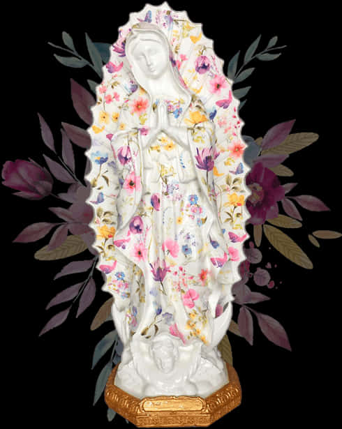 Virgin Mary 桌布 壁紙 — 一個白色陶瓷聖母瑪利亞雕像，飾有色彩繽紛的花卉圖案，矗立在帶有紫色和綠色葉子的深色背景前。