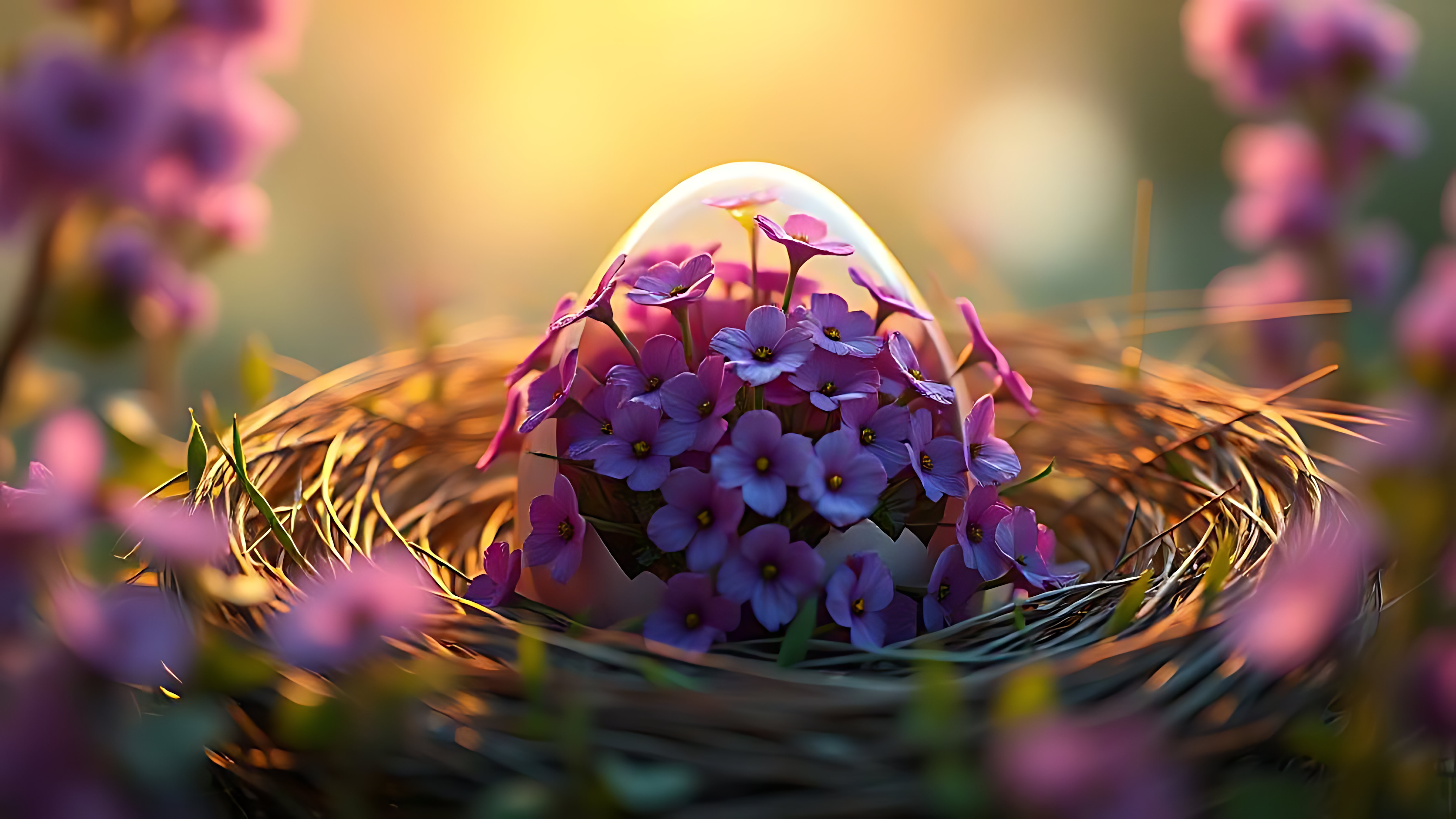 Egg 桌布 壁紙 — 一個白色雞蛋放在編織的巢中，周圍環繞著沐浴在金色陽光下的鮮豔紫色花朵。