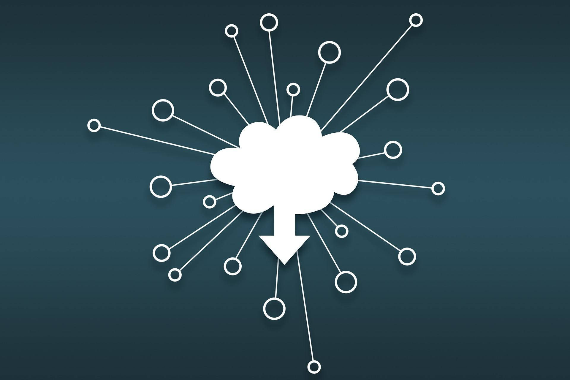 Internet 桌布 壁紙 — 一個白色雲端圖示，帶有向下箭頭和連接線，在深青色漸層背景上放射狀排列。