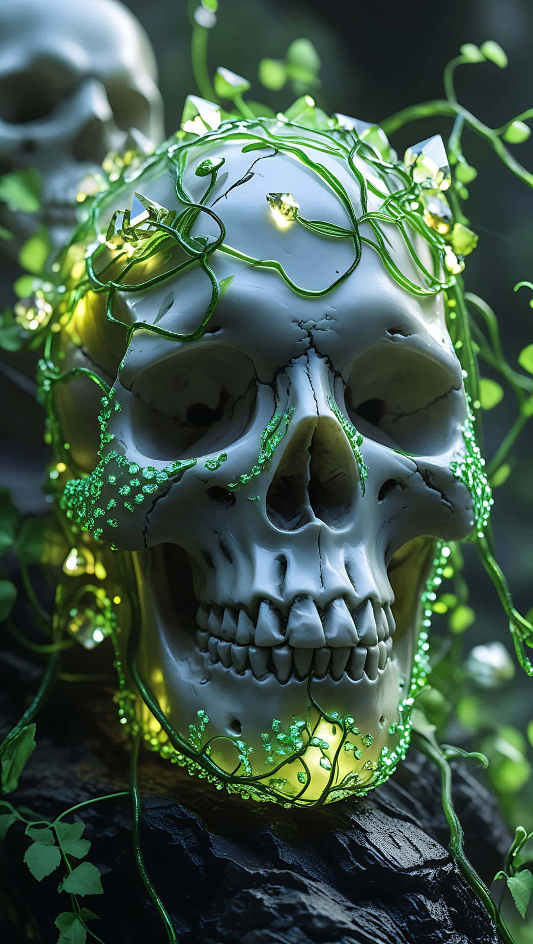 Crystal Skull with Glowing Green Vines. smartphone wallpaper 壁紙 — 一個白色頭骨，飾以發光的綠色藤蔓和葉子，躺在神秘森林環境中的深色樹皮上。