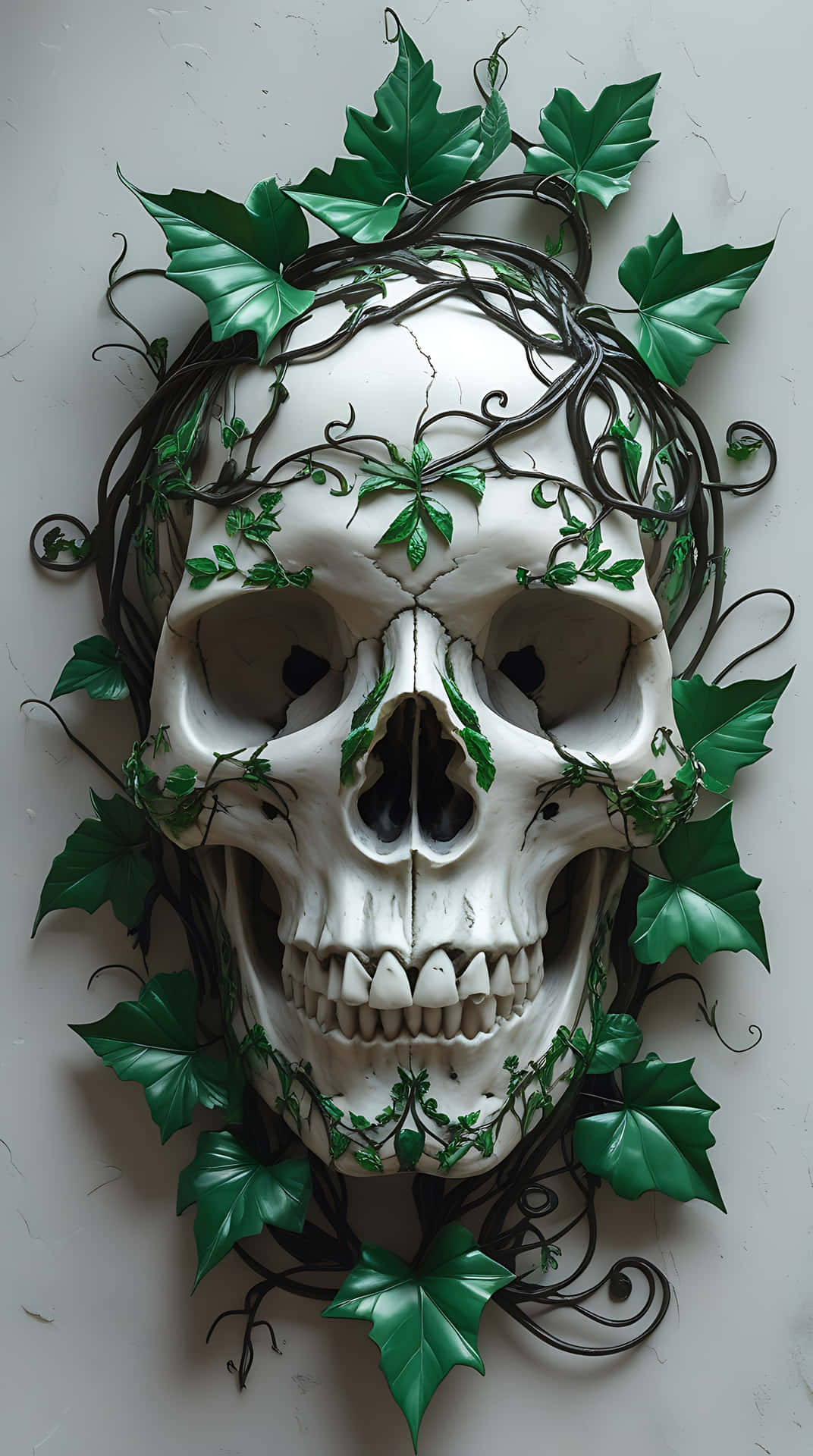 Floral Skull with Vines and Emerald Leaves. skull wallpaper 壁紙 — 一個白色頭骨，飾有充滿活力的綠色常春藤葉和深色扭曲藤蔓，靠在素牆上。