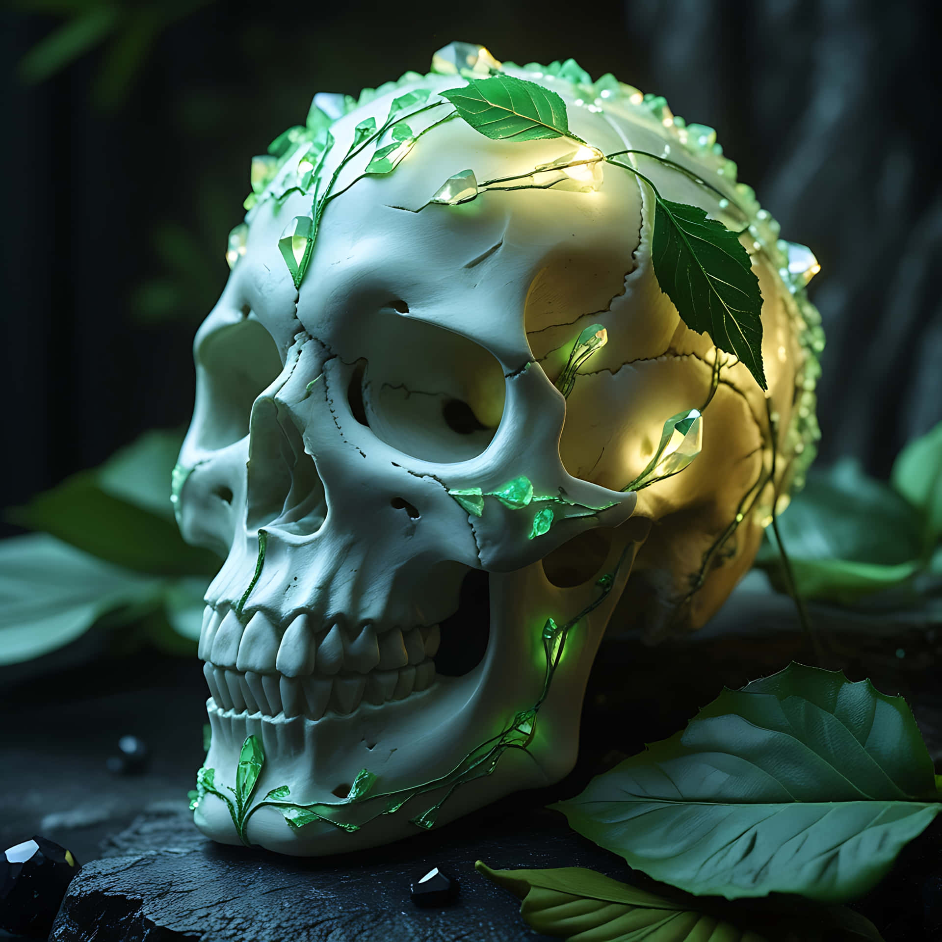 Ethereal Skull with Glowing Crystal Veins. skull wallpaper 壁紙 — 一個白色頭骨，飾有發光的綠色藤蔓和葉子，放置在深色石面上。