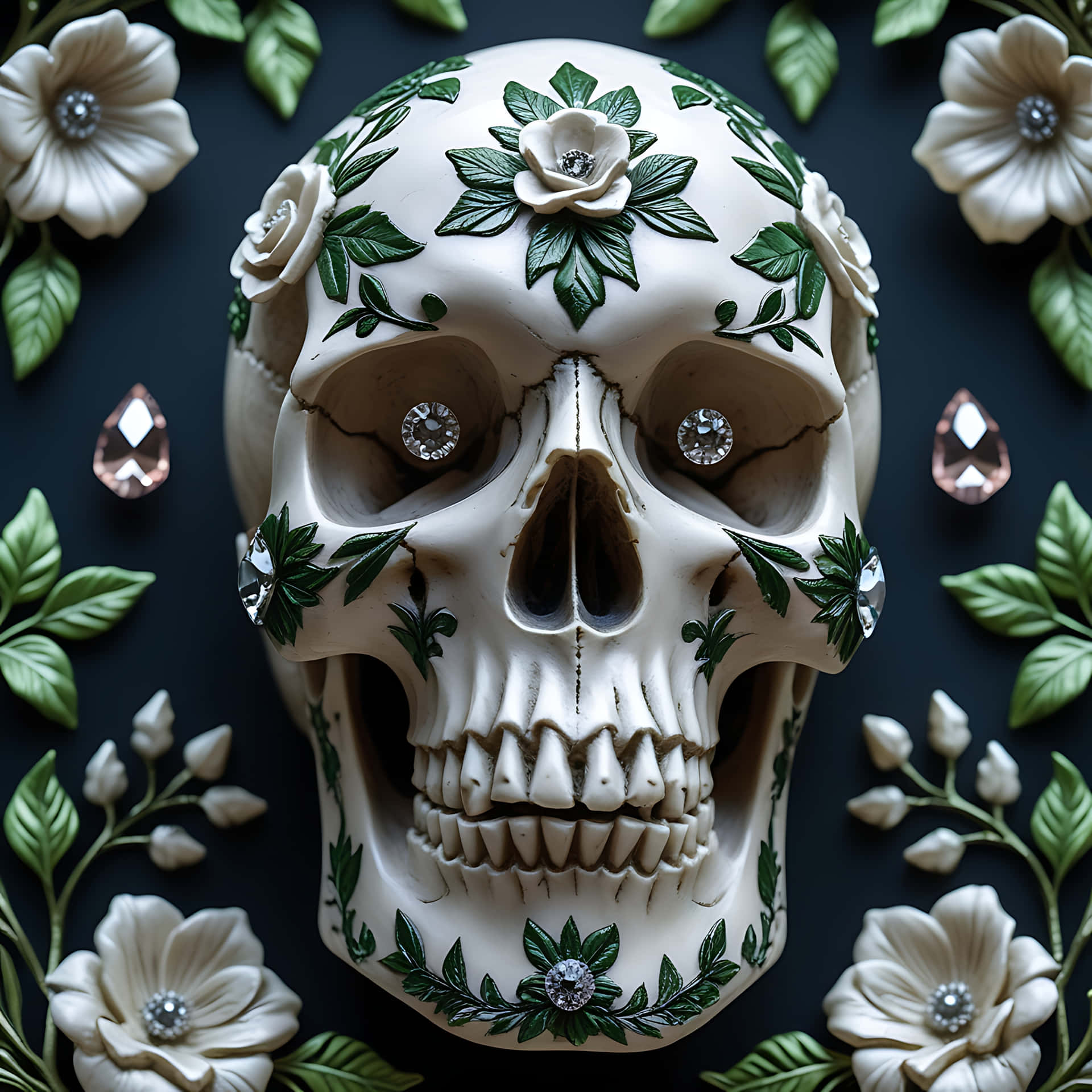 Gothic Skull with Enchanting Floral Patterns. skull wallpaper 壁紙 — 一個白色頭骨，飾有綠色葉子和帶有水晶中心的奶油色花朵，放置在深色背景上，周圍環繞著相配的花卉元素和玫瑰石英晶體。