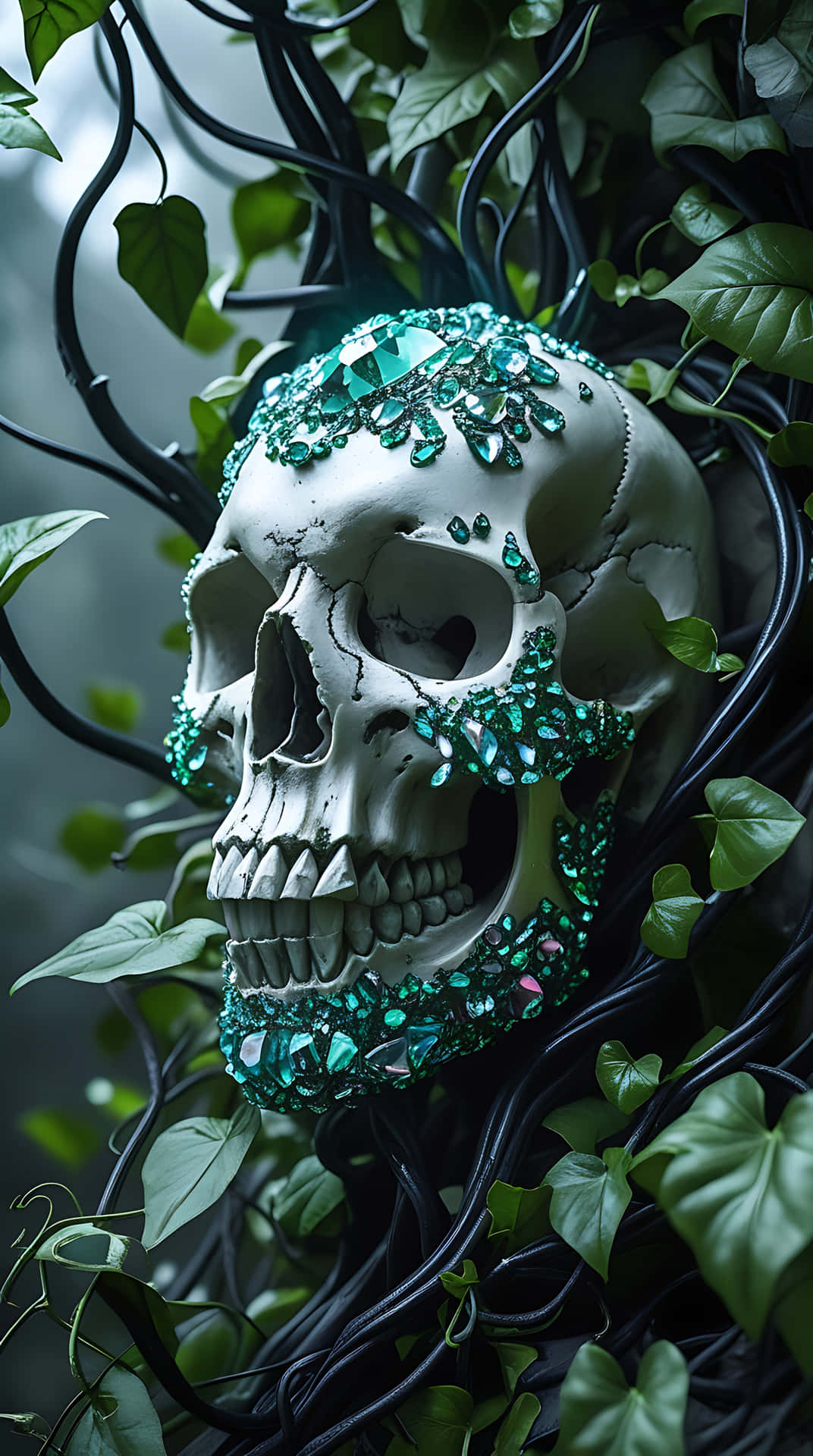 Crystal-Encrusted Skull Amidst Twisting Vines. skull wallpaper 壁紙 — 一個白色頭骨飾有祖母綠寶石，被深色藤蔓和茂密的綠葉纏繞。