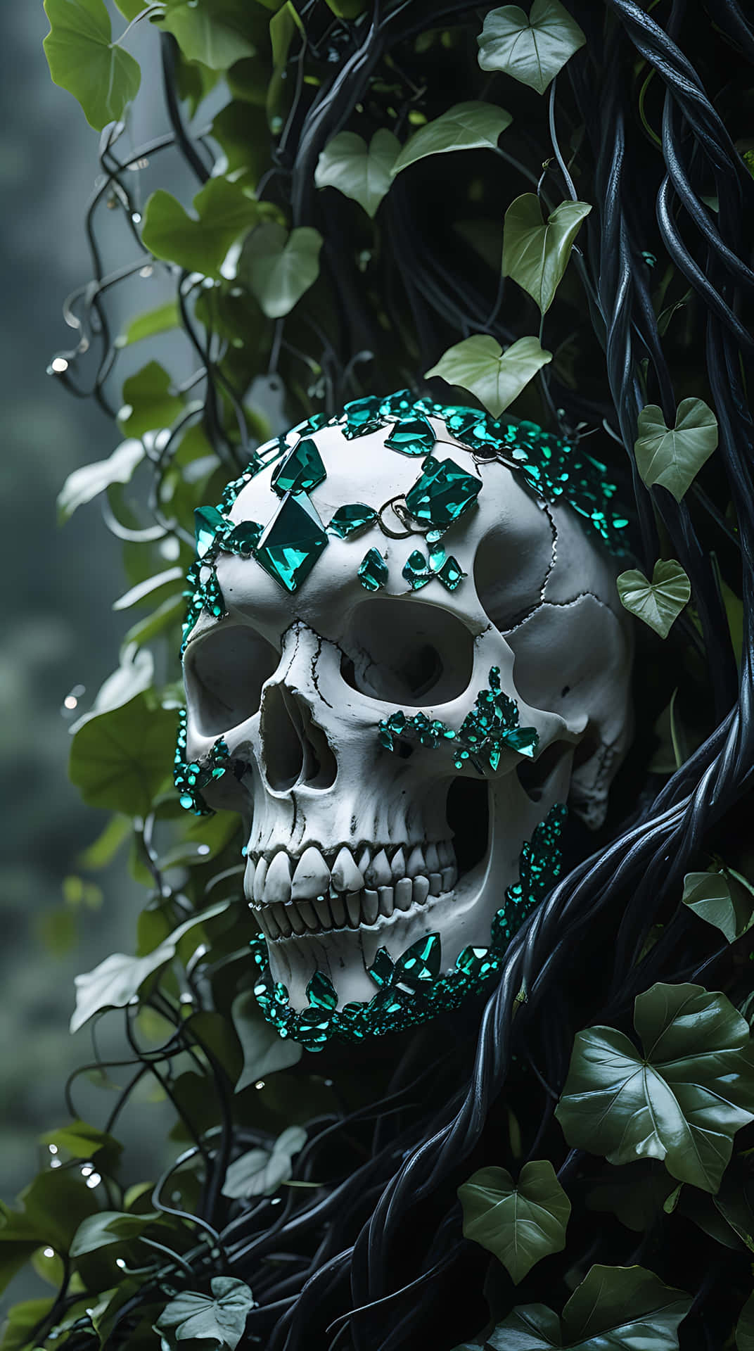 Crystal-Encrusted Skull Amidst Twisting Vines. skull wallpaper 壁紙 — 一個白色頭骨飾有閃閃發光的綠色寶石，被黑暗的藤蔓和茂密的綠葉纏繞在迷霧森林中。
