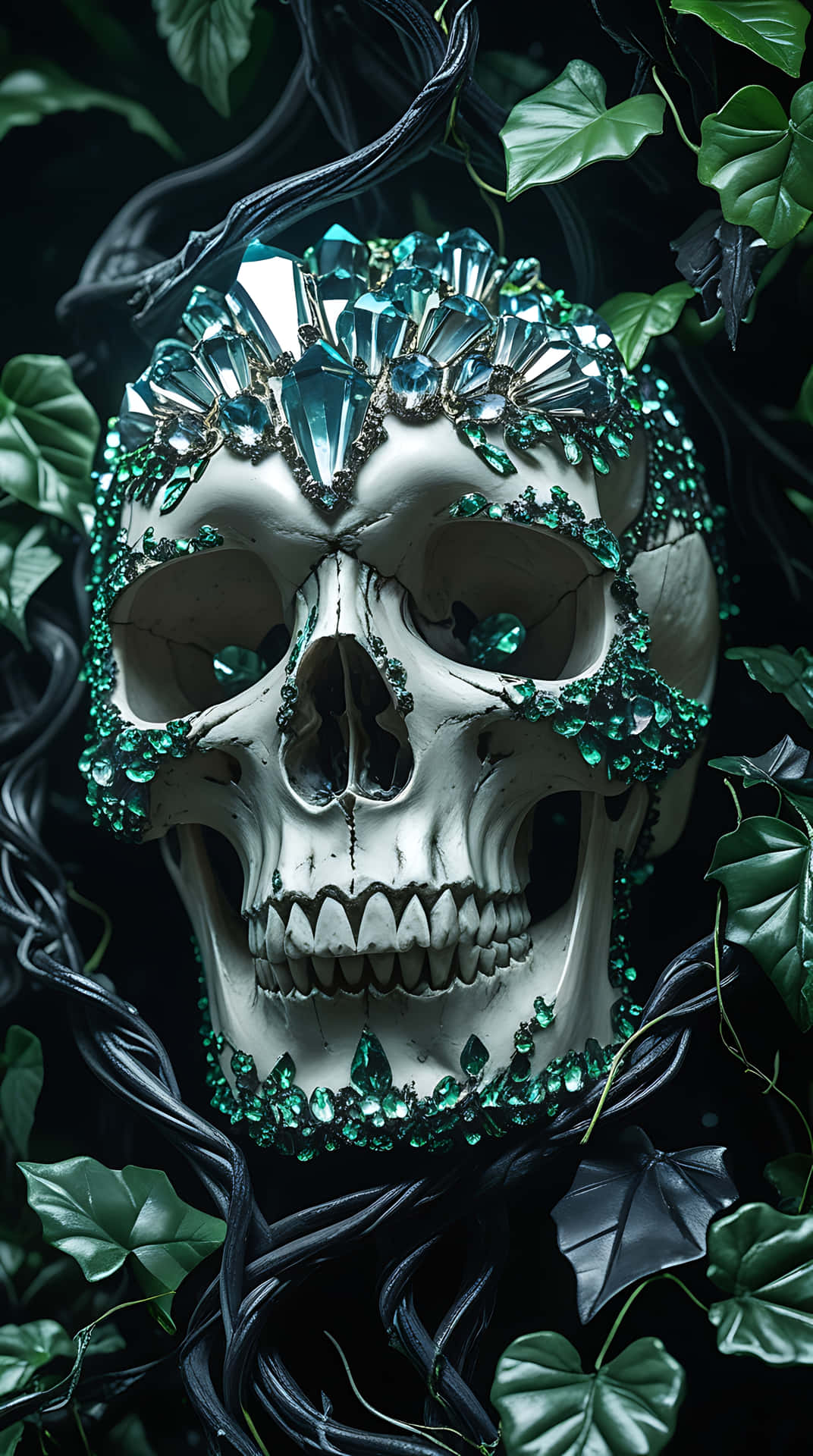 Crystal-Encrusted Skull Amidst Twisting Vines. skull wallpaper 壁紙 — 一個白色頭骨飾有閃閃發光的藍綠色水晶，被深色藤蔓和茂盛的綠葉纏繞，背景為黑色。