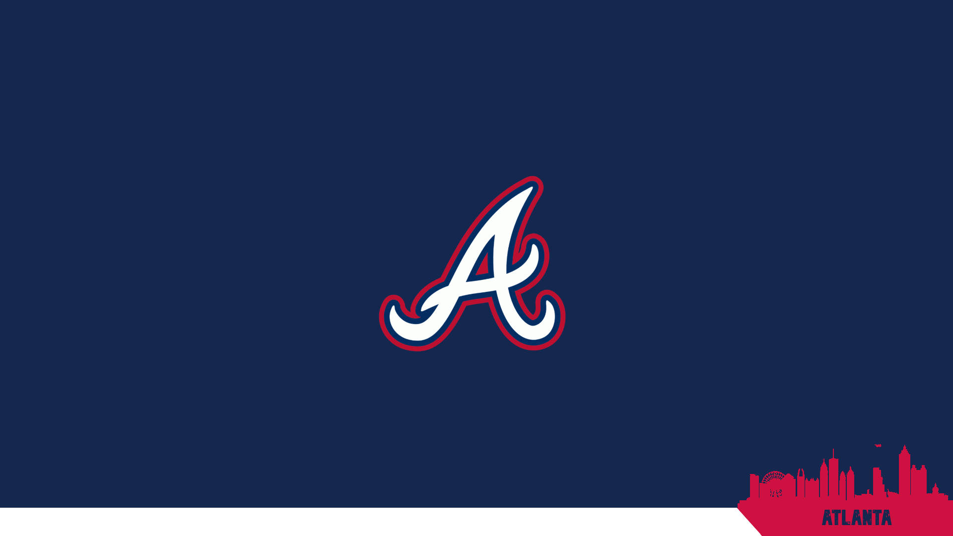 Braves 桌布 壁紙 — 一個白色風格化的'A'標誌，帶紅色輪廓，置中在海軍藍色背景上，右下角有紅色亞特蘭大天際線剪影。