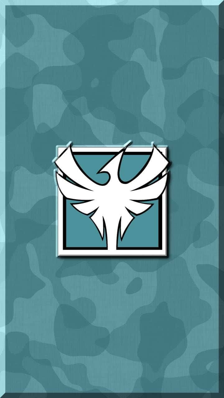 Zofia R6 桌布 壁紙 — 一個白色風格化的鳥類標誌，居中在方形框架內，背景為青綠色迷彩。