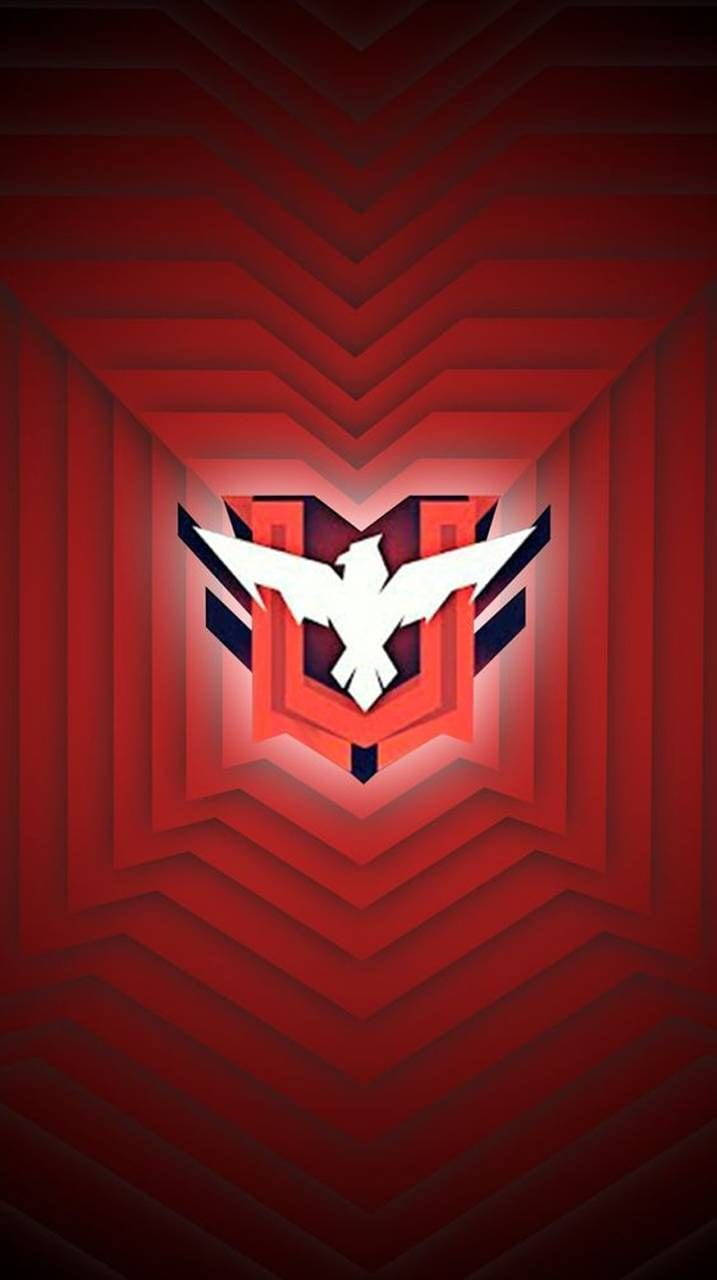 Garena 桌布 壁紙 — 一個白色風格化的鳥類標誌在幾何紅色隧道中央發光，帶有V形圖案。