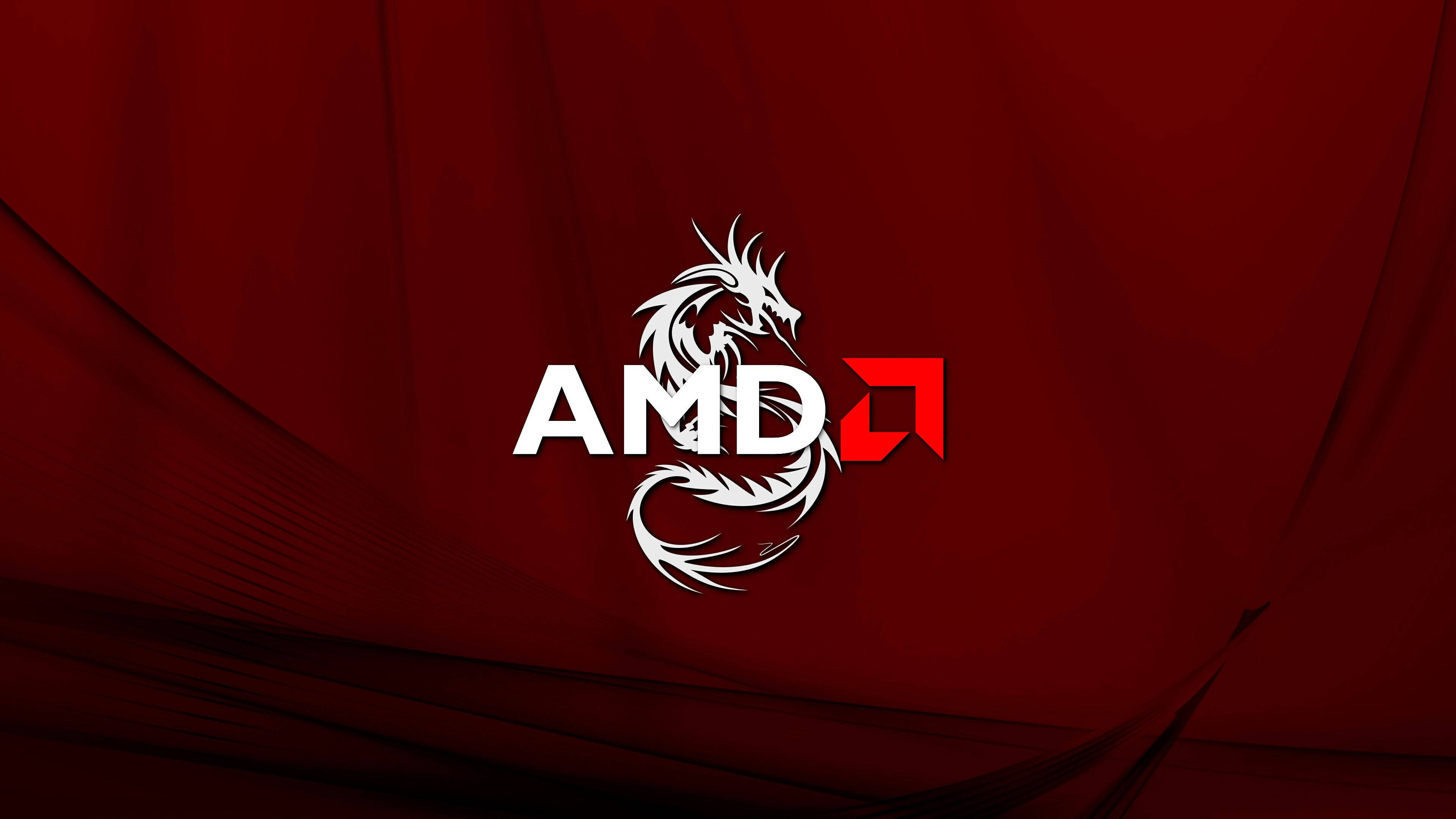 AMD 桌布 壁紙 — 一個白色風格化的龍標誌，帶有AMD文字和紅色方形徽章，居中在深紅色布料般的背景上。